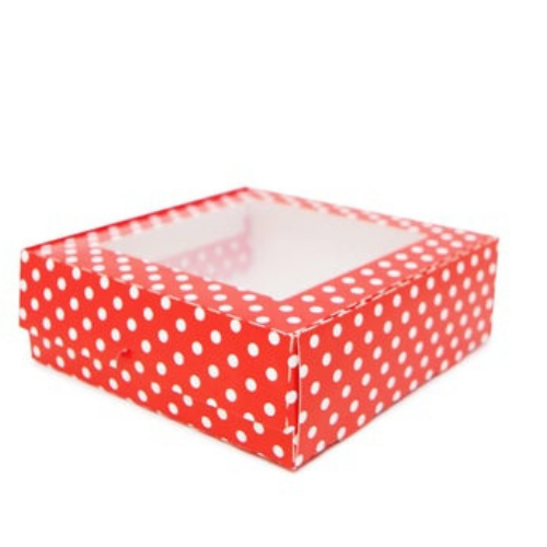 Flip Lid Windowed Boxes Made with Recycled Material -Red or PolkaDot Color